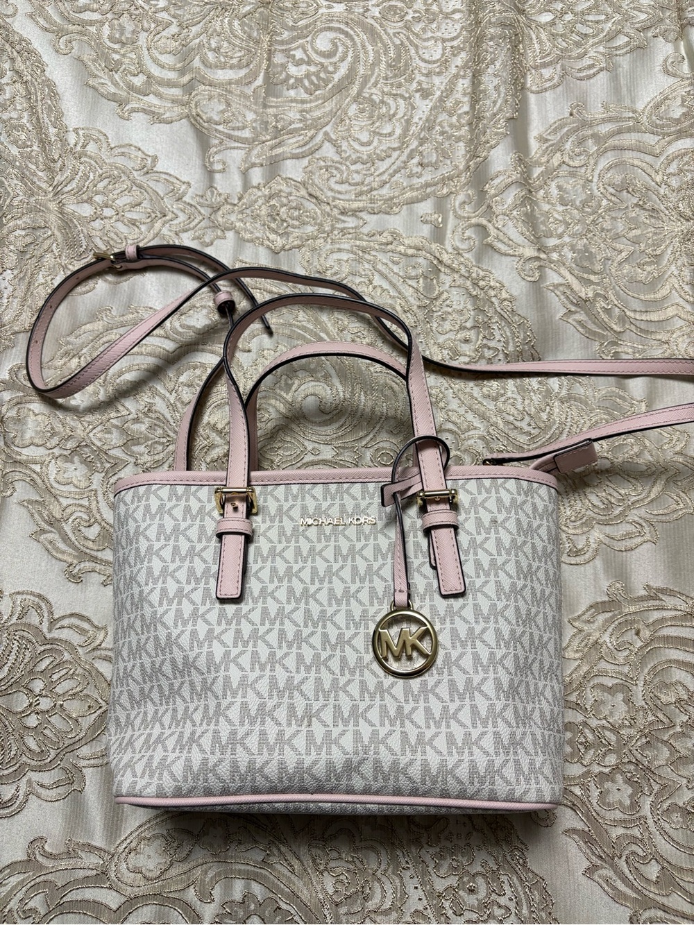 Jet Set Travel Extra-Small Logo Top-Zip Tote Bag Powder Blush Pink and White